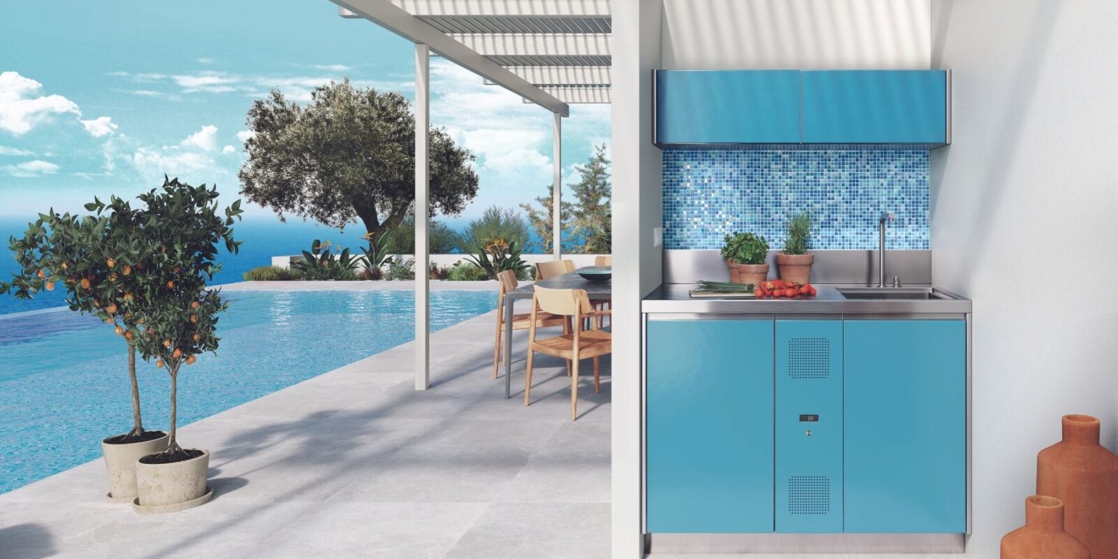 Cucina Cooling station di Abimis a bordo piscina a Mykonos