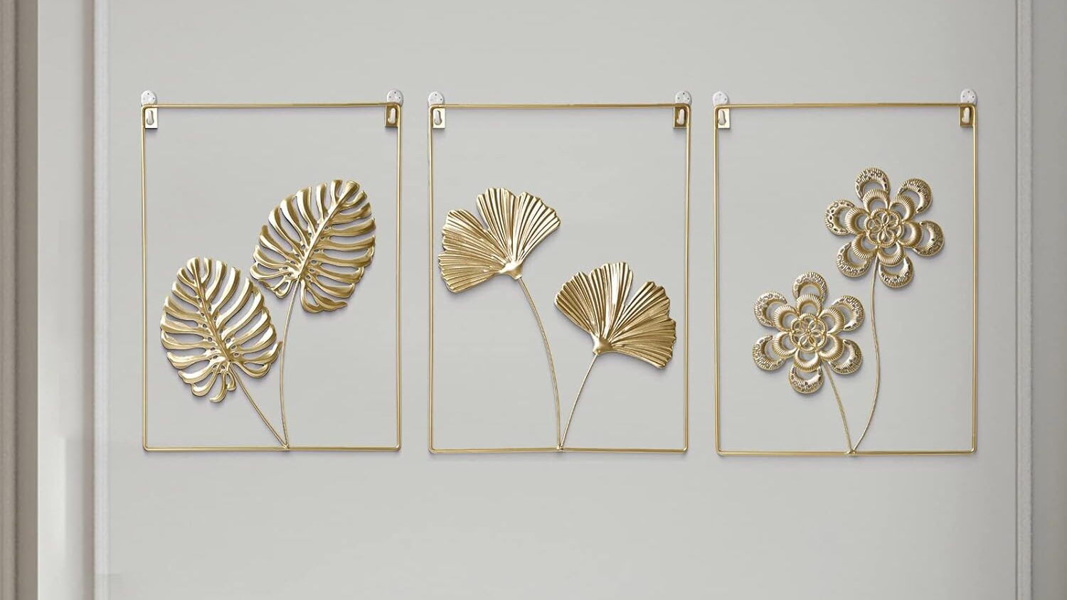 Decorazione Spessore 20mm Decorazioni Da Parete Moderne Set Di 3 Immagini Da Parete Set 3 Pezzi Foglie Ginkgo Metallo